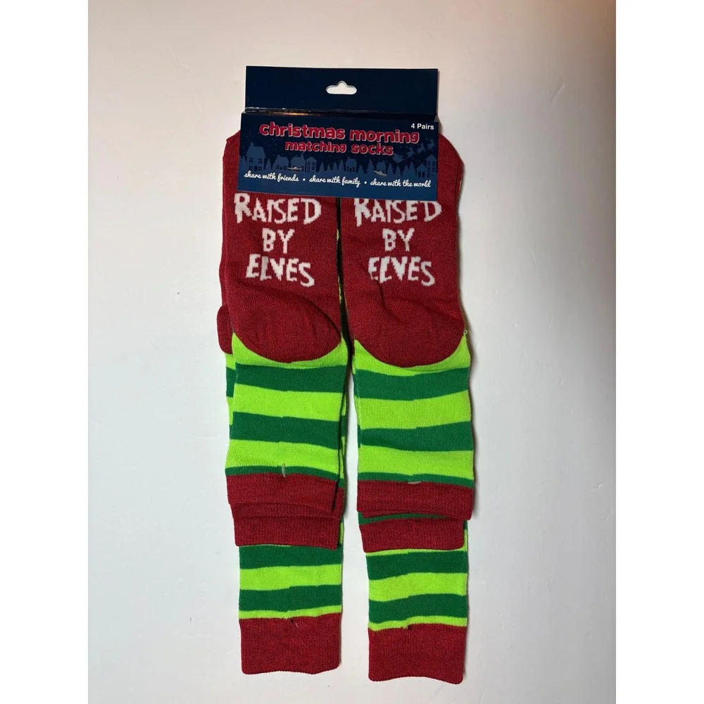 HYP Christmas Morning Matching Socks 4 Pairs Raised By Elves Red Green‎ Striped